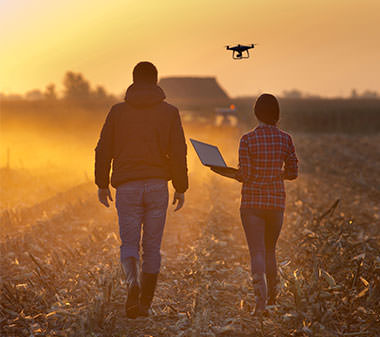 two agritech farmers walking through a field at sunset with a drone