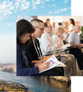 A group of people taking notes during a presentation overlayed on top of a photo of Montana de Oro State Park