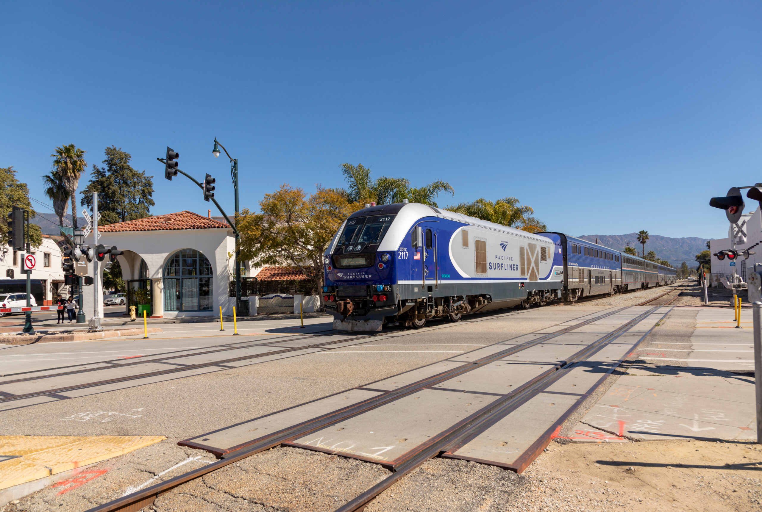 The Pacific Surfliner train enters the station at Santa Barbara.