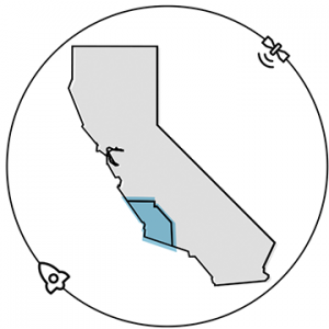 illustration of California with rocket and satellite in orbit