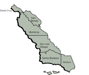 Map of Santa Cruz, San Benito, Monterey, San Luis Obispo, Santa Barbara and Ventura counties